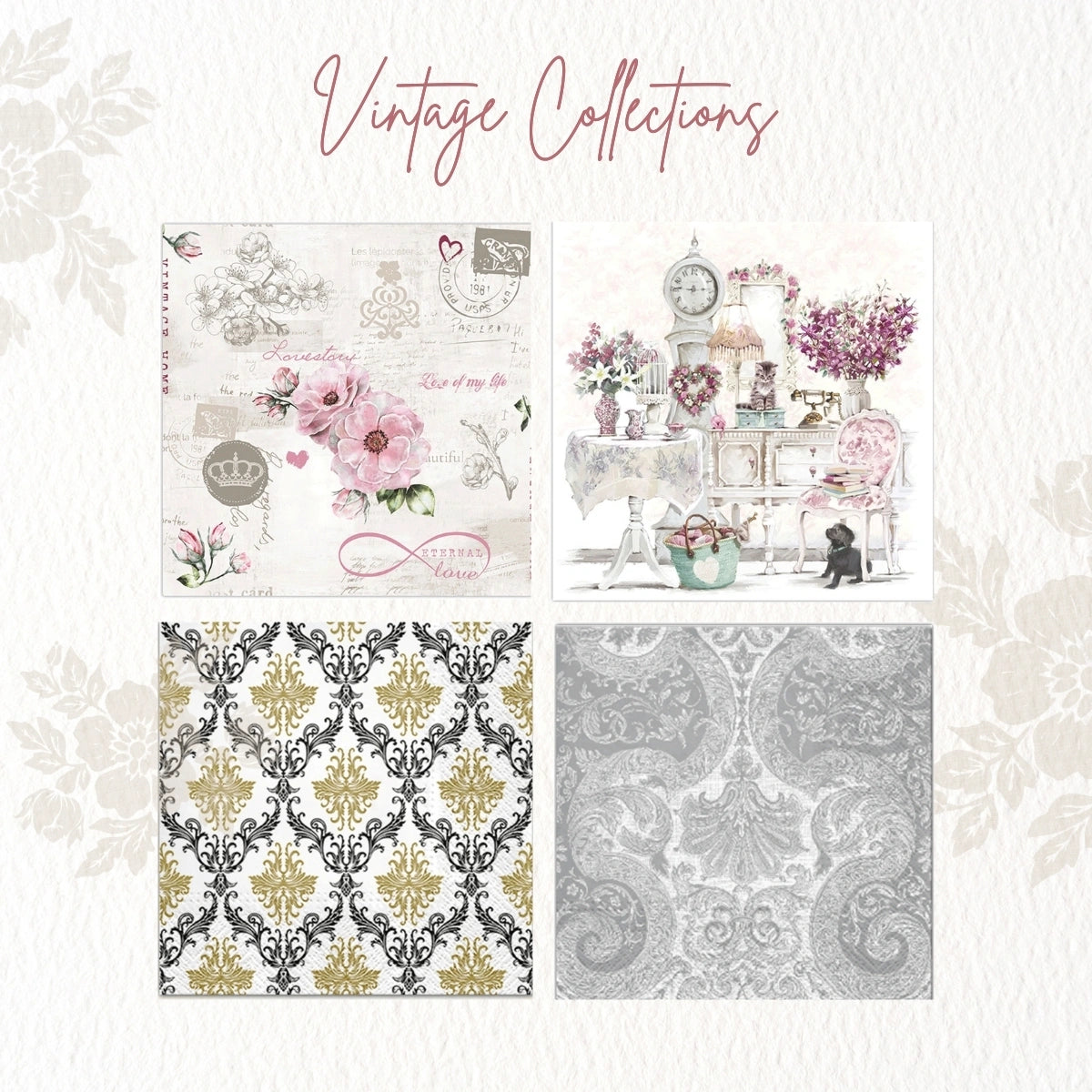 Vintage ~ A Set of 4 Paper Napkin Packs (20 in each, 6.5" x 6.5" folded)